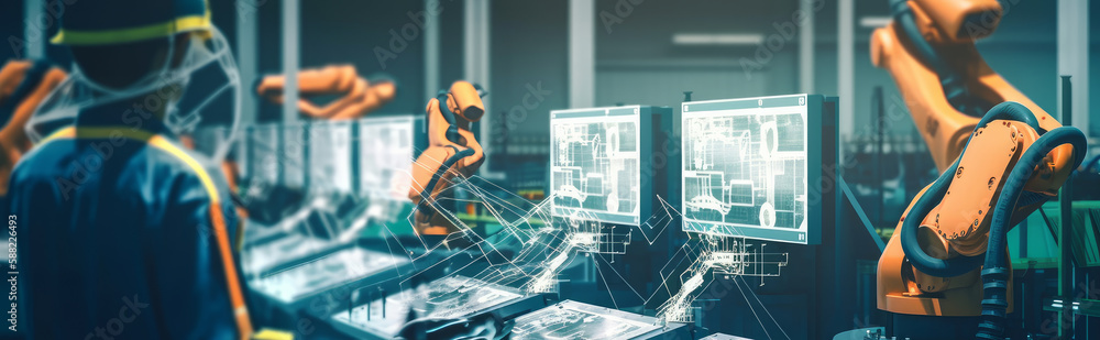 Poster industry 4.0 automation manufacturing process demonstrated by a smart industry robot arm in a digita