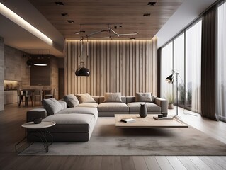 interior design of modern apartment, living room with sofa and coffee tables. create using generative AI.