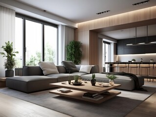 Naklejka na ściany i meble interior design of modern apartment, living room with sofa and coffee tables. create using generative AI.