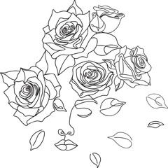 Line art girl face with roses