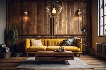 cozy living room with warm wood paneling and a bright yellow couch. Generative AI