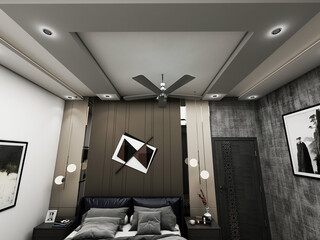 Interior of a room, bed back design, celling design, fancy fan, celling lights design, lamp design , door design. 