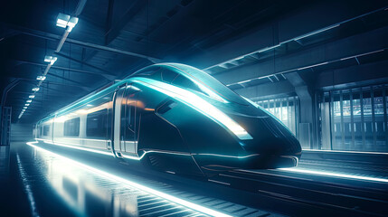 Futuristic concept design of speed train in underground station. Postproducted generative AI illustration.