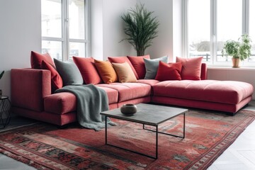 cozy living room with a vibrant red couch and a patterned rug. Generative AI