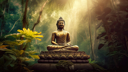 Meditative place in tropical forest with sitting Buddha statue. Postproducted generative AI illustration.