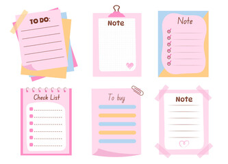 Set of cute pink memo paper sheets, sticky note, reminder, to do list.  Cool design for notebooks, planners.