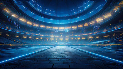Modern and futuristic architecture of sport arena as event background. Postproducted generative AI illustration.