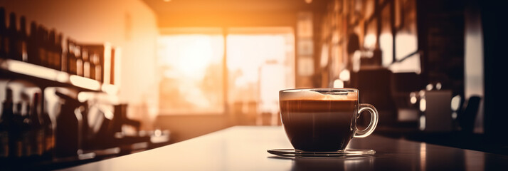 Cafe interior with cup of coffee, blurred background, Generative AI