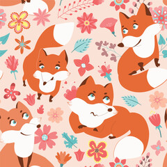 Garden flower, plants, botanical, seamless pattern vector design with cute foxes for kids, fabric, wallpaper and all prints on cream background color. Cute pattern in small flower. Small spring, color