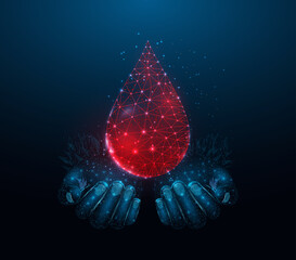 Two human hands are holds blood drop. Wireframe glowing low poly design on dark blue background. Abstract futuristic vector illustration