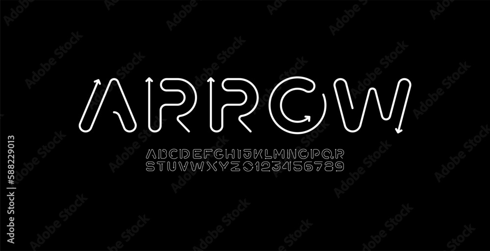 Poster alphabet font from rounded thin line with arrows, letters and numbers made in linear style, vector i