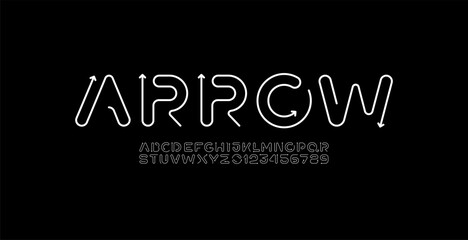 Obraz premium alphabet font from rounded thin line with arrows, letters and numbers made in linear style, vector illustration 10EPS