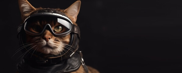 Brutal cool cat biker, serious fluffy pet in helmet, goggles fast riding motorcycle, motion blur. Creative illustration created by Generative AI