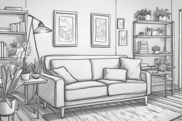 cozy living room with a comfortable couch and a bookshelf filled with books and decorative items. Generative AI