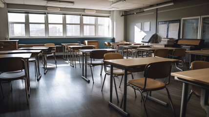 Fototapeta na wymiar Chairs and tables in a classroom. Generative AI