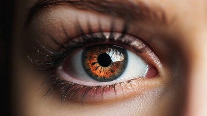Fototapeta premium Close-up detail beautiful female eye macro, fashion natural makeup, generative ai