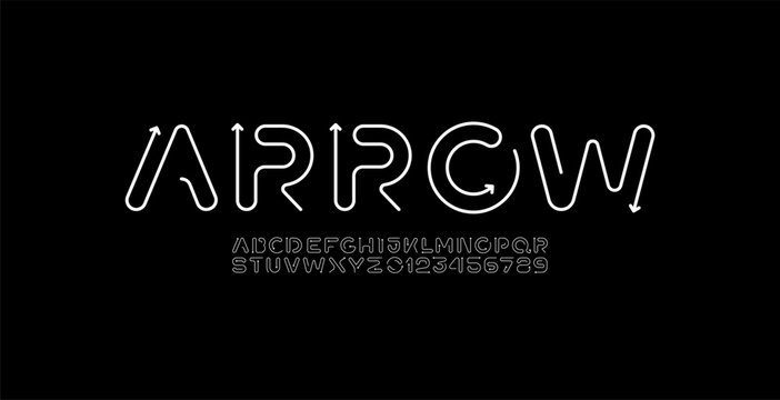 alphabet font from rounded thin line with arrows, letters and numbers made in linear style, vector illustration 10EPS