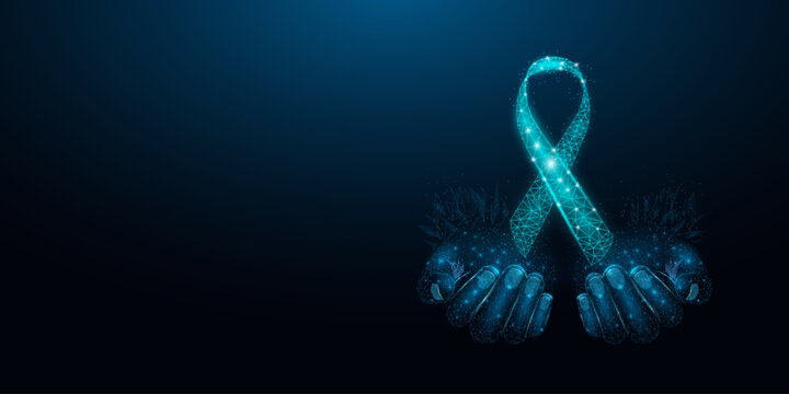 Two human hands are holds teal ribbon awareness. Wireframe glowing low poly. Isolated on black background. Vector illustration