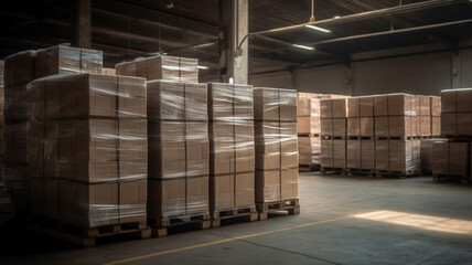 Package boxes wrapped plastic on plastic on pallets  load in warehouse, Generative AI