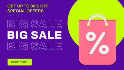 Big sale online clearance shopping bag percentage price off social media banner 3d icon vector