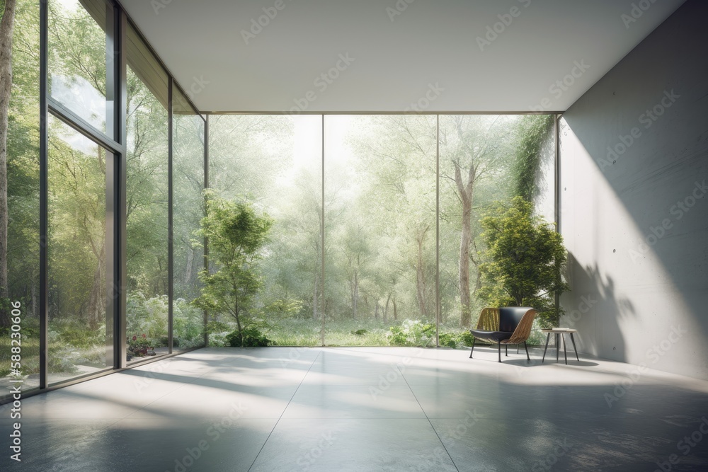 Poster illustration of an empty room with a chair and large windows. generative ai