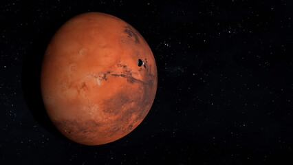 Space probe approaching planet Mars. 3D Rendering
