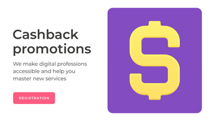 Financial cashback banking offer cash money dollar refund social media banner 3d icon vector