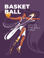 basketball poster design with athlete running and abstract splash background. Vector flat illustration