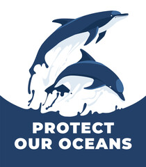 Ocean protection poster concept. dolphins on the splash of the wave. Vector flat illustration