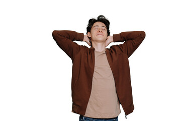 Dreamy young guy in brown jacket and beige t-shirt putting hands on back of head eyes closed...