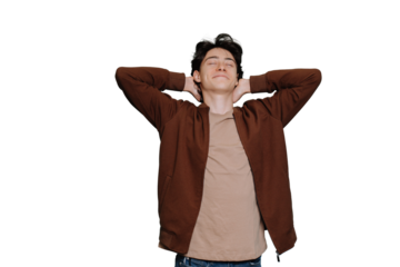 Dreamy young guy in brown jacket and beige t-shirt putting hands on back of head eyes closed against transparent background. Mockup. Purposeful people. Schoolboy dreaming about vacations. Handsome boy