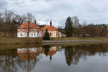Naklejka na ściany i meble Castle Mitrowicz on a bank of Luznice river in South Bohemia.