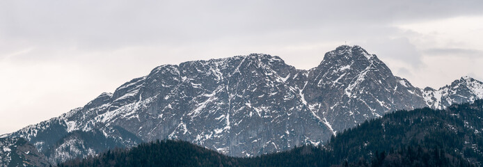 Panorama. Beautiful view of the mountain massif. Mount Giewont is the most popular peak in the Polish Tatra Mountains.
