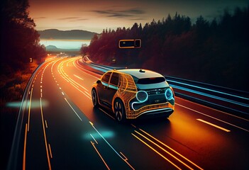 Fototapeta na wymiar Autonomous car with with graphic sensor signal. Self-driving vehicle on the highway - Generative AI