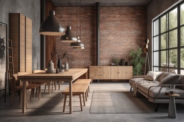 cozy living room with brick wall and comfortable furniture. Generative AI