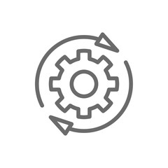 Process Teamwork and Management icon with black outline style. development, arrow, work, production, support, optimization, implement. Vector illustration