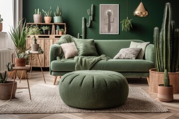 cozy living room filled with lush green plants and comfortable furniture. Generative AI