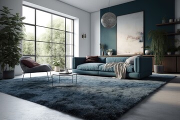 cozy living room with a blue couch and natural light from a large window. Generative AI