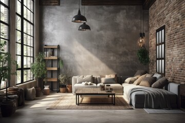 cozy living room with exposed brick walls and a scenic oversized window. Generative AI