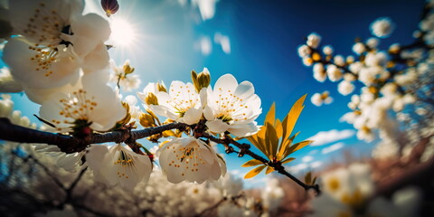 Spring flower background with white cherry blossoms Generative AI