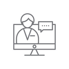 Online Consultan Business people icon with black outline style. answer call, communication, broadcast camera, people, cooperation, chatting online, consultant service. Vector illustration