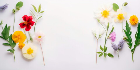 Spring minimal concept. Nature background. Flowers and white frame. Generative AI