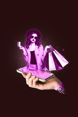 Photo collage projection phone digital technology young shopaholic girl hold debit card online fashion model isolated on dark background