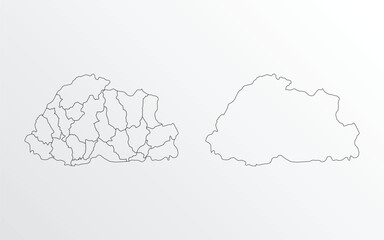 Black Outline vector Map of Bhutan with regions