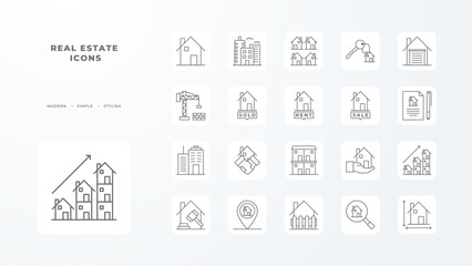 Real Estate icons collection with black outline style. building, home, house, sale, rent, apartment, agent. Vector illustration
