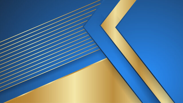 Dark navy blue and gold curve shapes on background with glowing golden striped lines and glitter. Luxury and elegant. Abstract template design. Design for presentation, banner, cover.