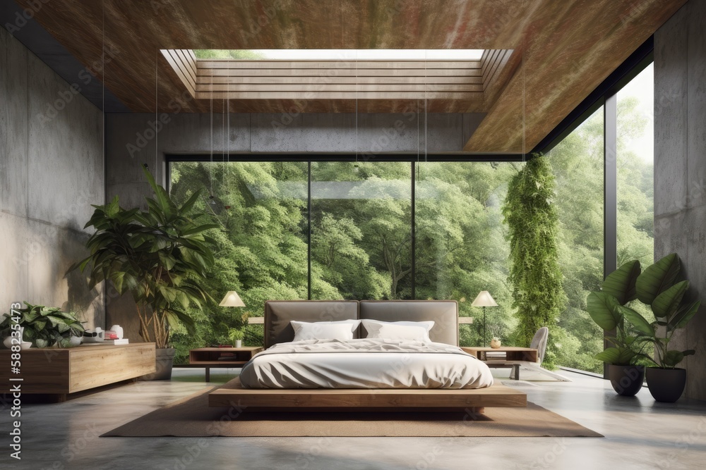 Aufkleber spacious and bright bedroom with a king-sized bed and multiple windows. generative ai