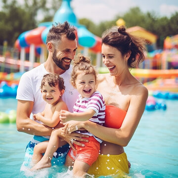 Happy family having fun in swimming pool. Mother, father and daughter having fun in water park.