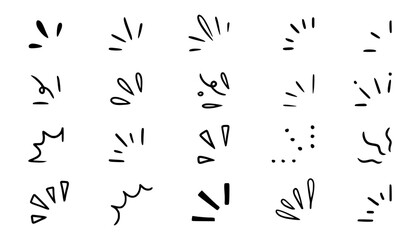 Doodle shine sunburst sparkle ray elements. Hand drawn pop surprise line frame for title headline illustration. Doodle vector illustration