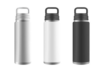 Black White Steel Water Bottle PNG Mockup Illustration Set